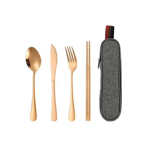 A travel cutlery set with a gold spoon, knife, fork, chopsticks, and a grey carrying case featuring a zip closure.