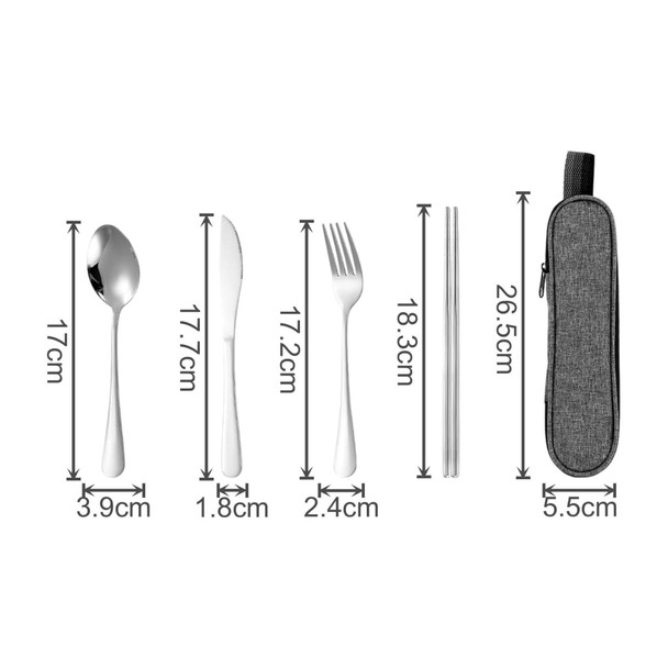 A travel cutlery set consisting of a spoon, knife, fork, and chopsticks, all in silver, with a grey carrying case.