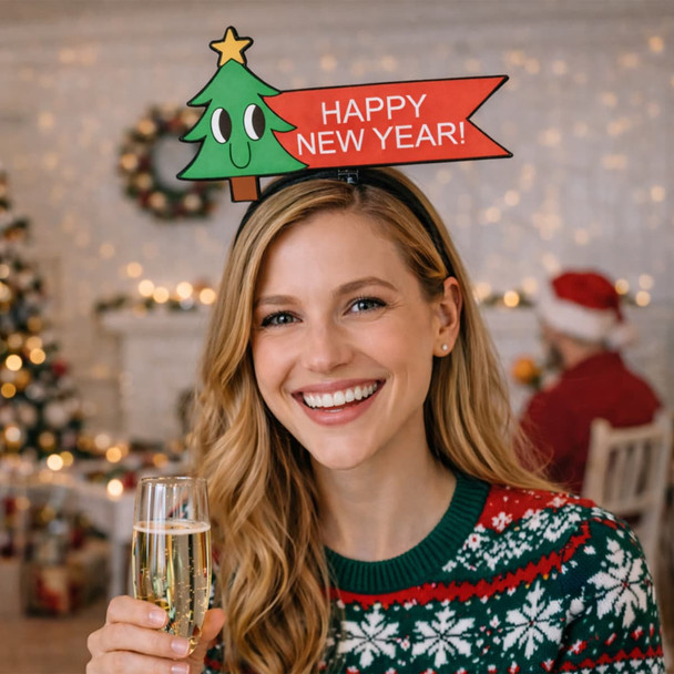 A woman with long hair smiles, wearing a headband featuring a Christmas tree and a "Happy New Year!" banner, holding a drink.