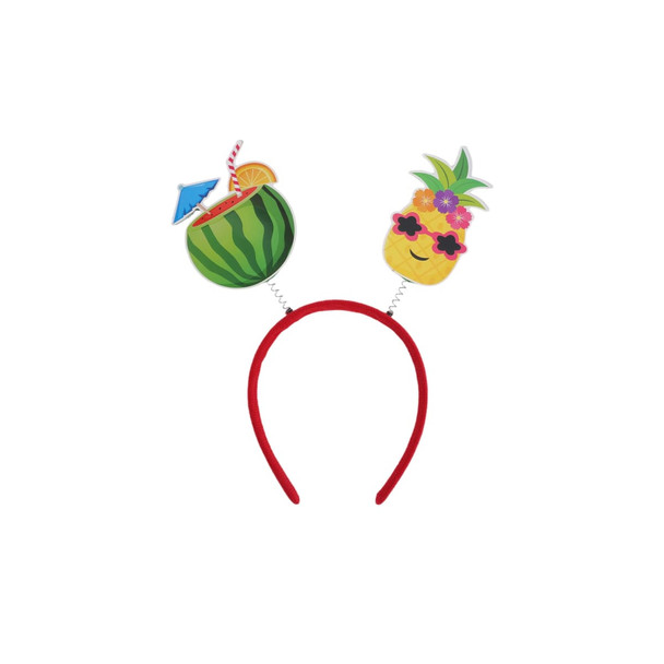 A red headband featuring festive watermelon and pineapple decorations with sunglasses and drink accessories.