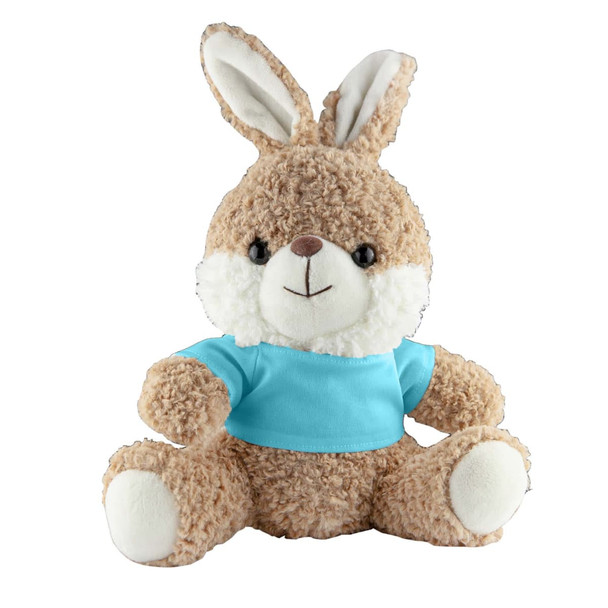 A stuffed rabbit plush in soft brown fur with white accents, wearing a light blue shirt. It has a logo on its shirt.