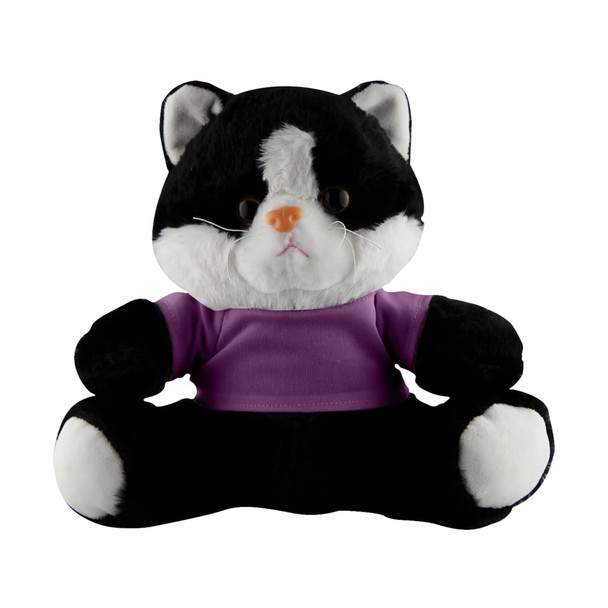 A black and white cat plush toy wearing a purple shirt, seated with a neutral expression.