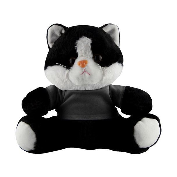 A black and white cat plush toy wearing a grey shirt, sitting upright with a neutral expression.