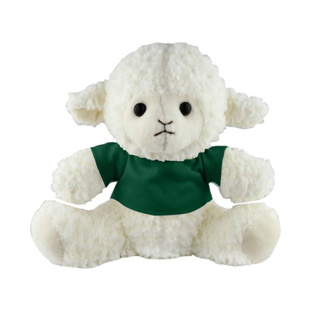 A fluffy white sheep plush toy wearing a green shirt, featuring stitched facial details and soft fabric.