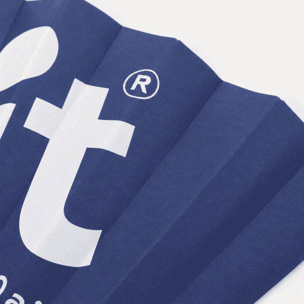 A blue paper hand-held fan featuring white text and a logo, folded for easy storage.