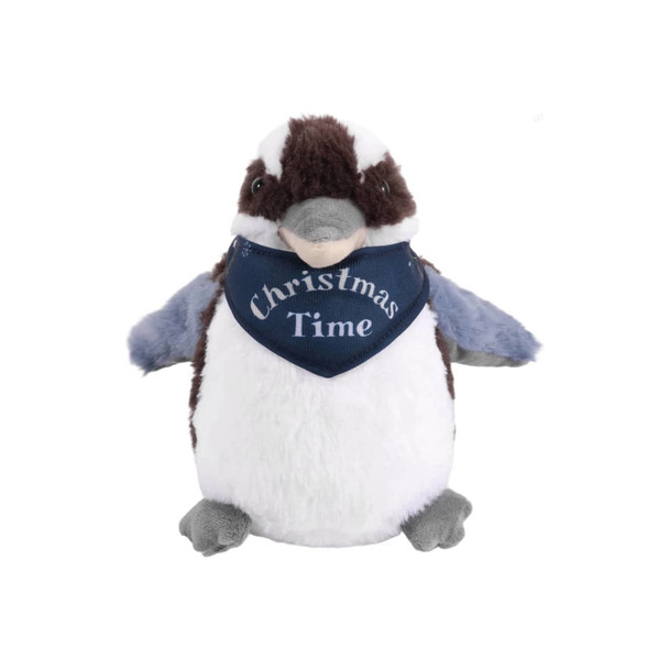 A Kookaburra plush toy in brown, white, and grey, wearing a blue bandana with festive text.