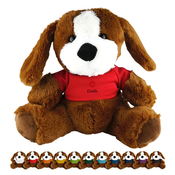 A brown plush dog with a white snout, wearing a red shirt, seated with smaller versions in various colours below.