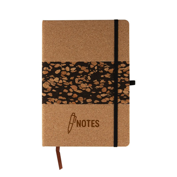 A cork notebook featuring a coffee grounds design band, with a black elastic closure and a ribbon marker.