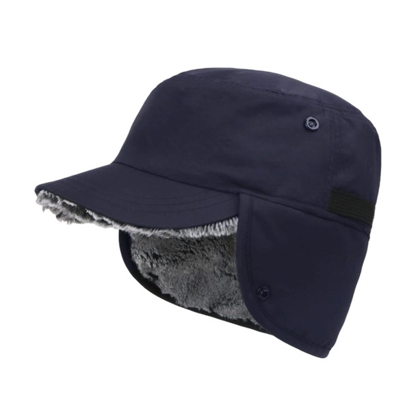 A thickened navy earflap hat with a plush lining and adjustable flaps on the sides. Features a logo on the side.