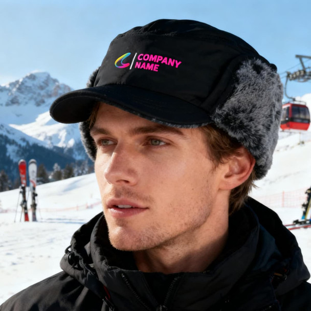 A thickened earflap hat in black with grey fur earmuffs, featuring a logo on the front against a snowy landscape.