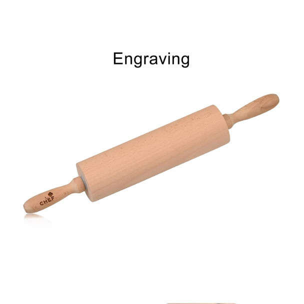 A wooden rolling pin with a light natural finish and engraved handles, showcasing its smooth design.