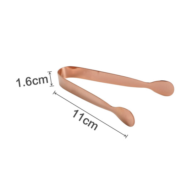 A pair of stainless steel ice tongs in a rose gold finish, measuring 11 cm long and 1.6 cm wide.
