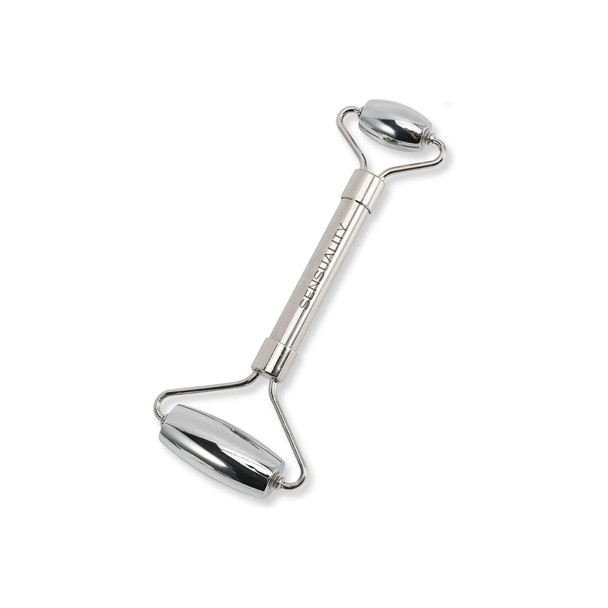A stainless steel facial roller with a sleek, silver design and dual rolling ends. It has a logo on the handle.