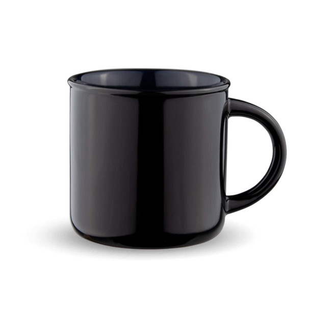 A black ceramic mug with a smooth finish and a curved handle. It features a logo on the front.