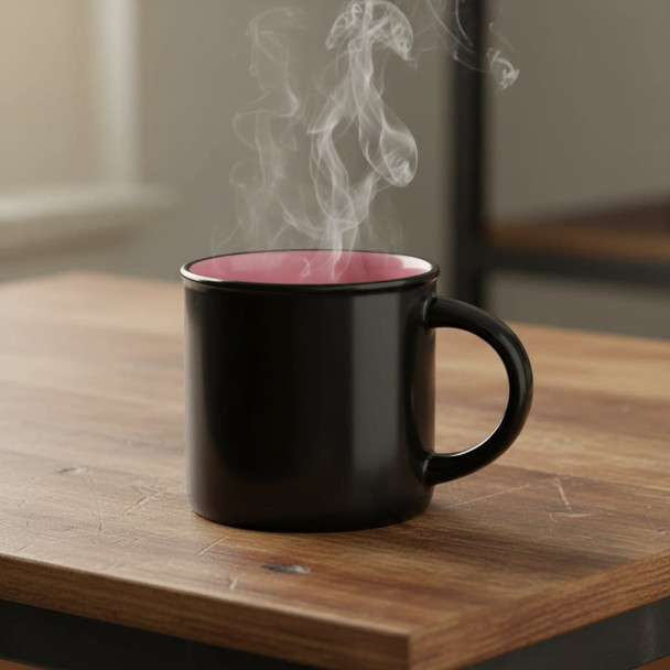 A black coffee mug with a pink interior, emitting steam, placed on a wooden surface.