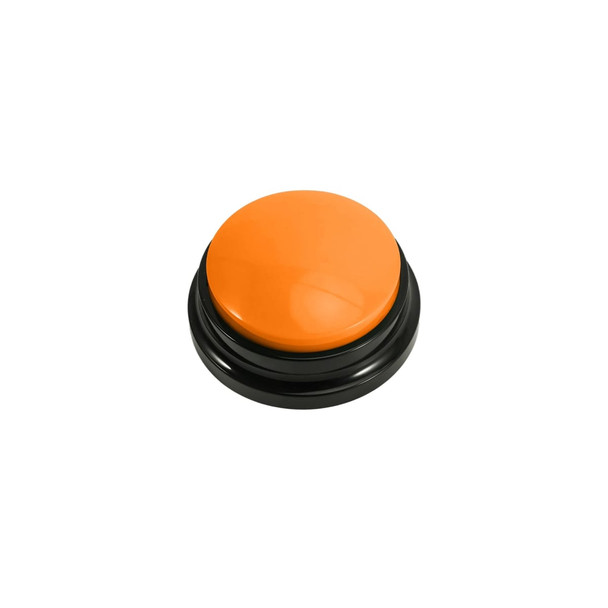 An orange button with a glossy finish, set on a black base. The button is round and prominent.