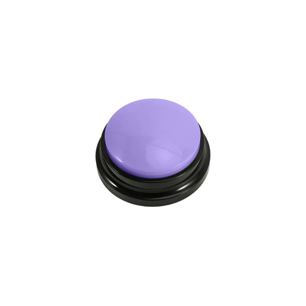 A purple voice recording button sits on a black base, featuring a smooth, glossy surface.