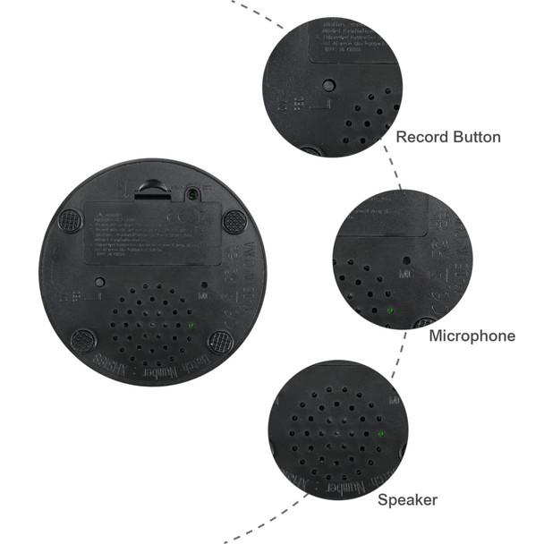 A black voice recording button with a microphone and speaker, featuring a circular design and textured surface.