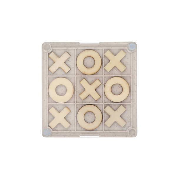 A Noughts and Crosses coaster featuring wooden Xs and Os arranged on a clear, square base.