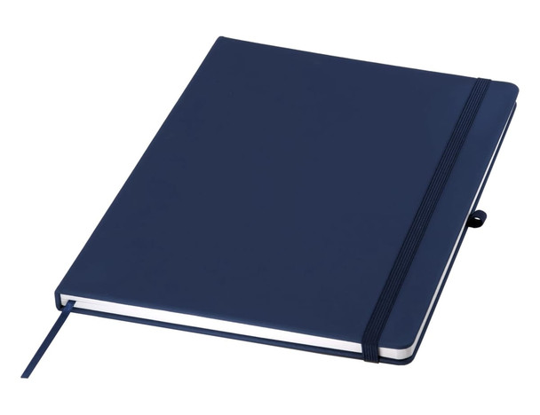 A navy A4 notebook with a soft cover, elastic band closure, and a ribbon bookmark. It includes a logo on the cover.