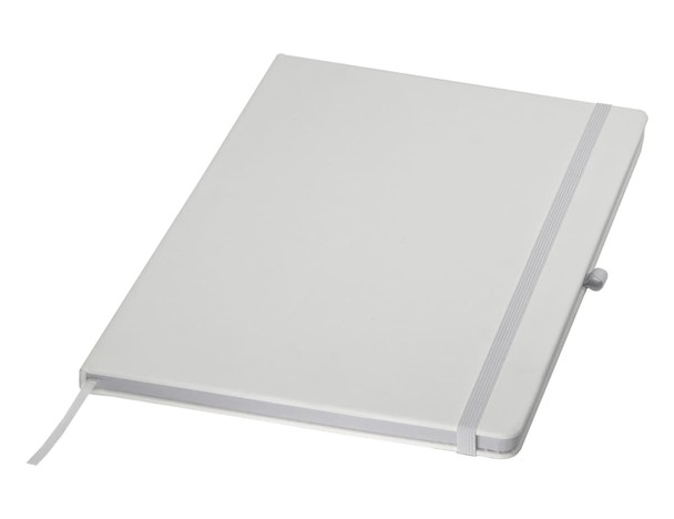 A white A4 notebook with a grey elastic band closure and a bookmark ribbon, featuring a logo on the front.
