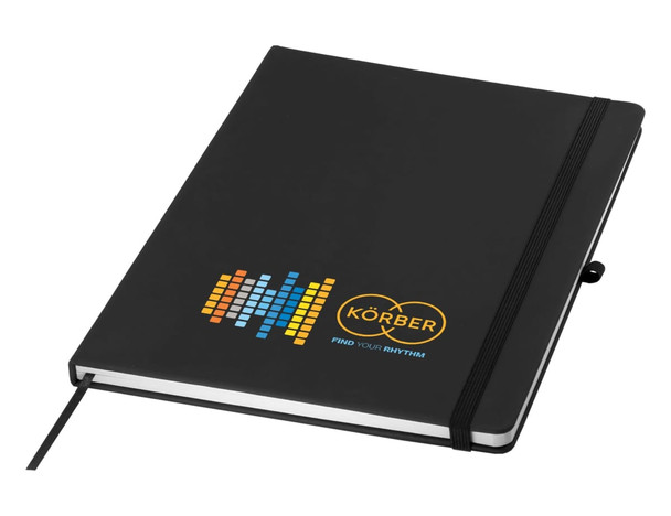 A black A4 notebook with an elastic band, featuring a multicoloured graphic and a branded logo.
