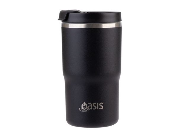 A drink bottle in matte black with a stainless steel band and a branded logo. 480ml capacity, vacuum insulated design.