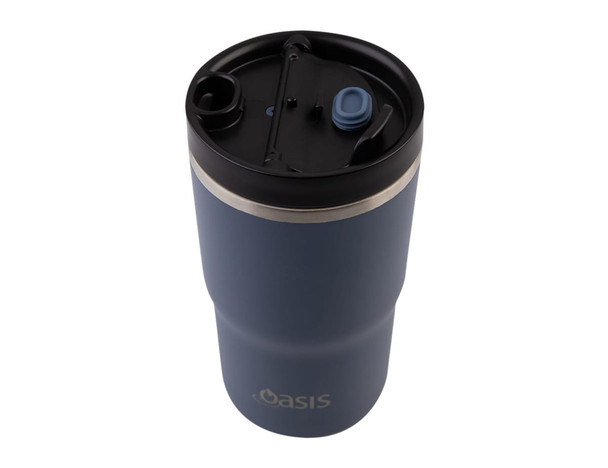 A drink bottle with a dark blue exterior and a black lid, featuring a logo and a spill-resistant design.