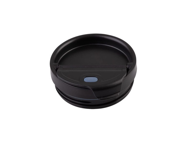 A drink bottle lid in black with a blue button, featuring a smooth, rounded design and a threaded base.
