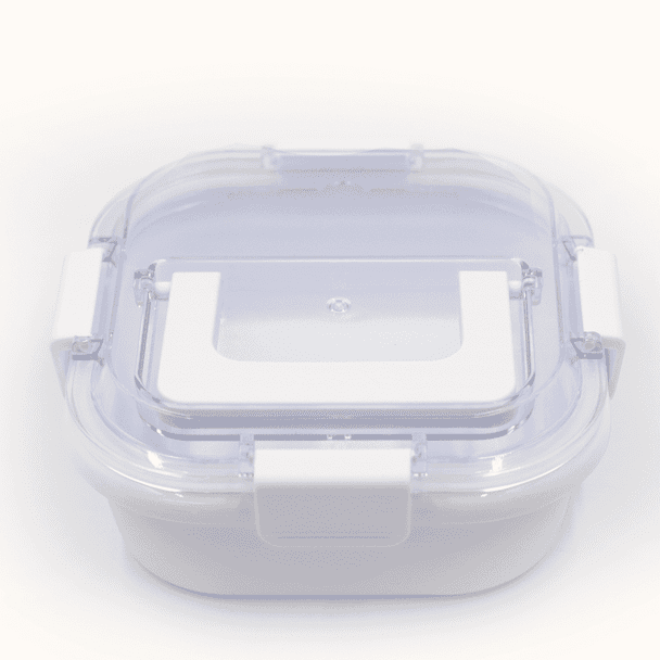 A white and clear lunch box with a secure lid and clip fasteners, designed for food storage.