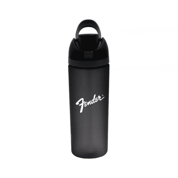 A drink bottle in black with a handle and a logo, featuring a sleek, contemporary design.