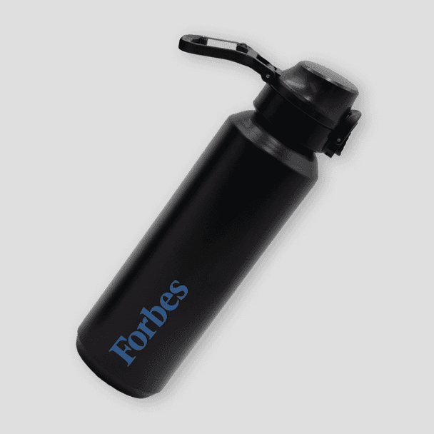 A drink bottle in matte black featuring a logo, with a flip-top cap and a carrying handle.