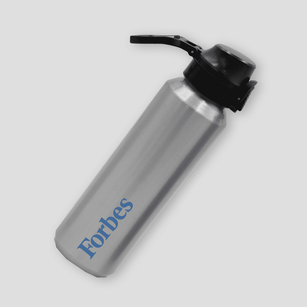 A drink bottle with a silver finish and a black spout, featuring a logo in blue.