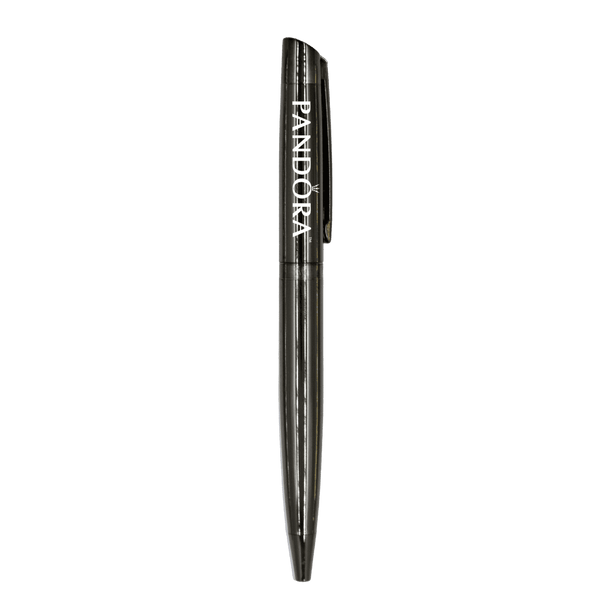 A metallic black ballpoint pen with a clip and a logo, featuring a sleek and elegant design.