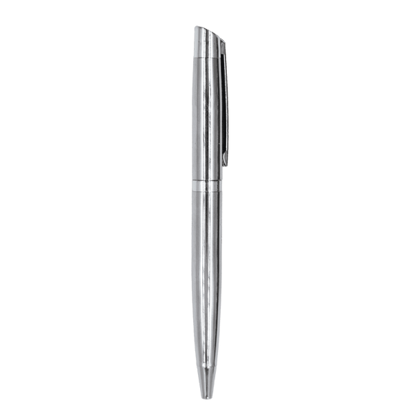 A silver metal ball pen with a sleek design and a clip for securing. It features a logo on the body.