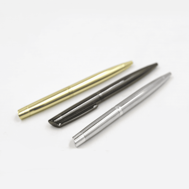 A collection of three metal ball pens in gold, black, and silver, featuring a sleek design and branding.