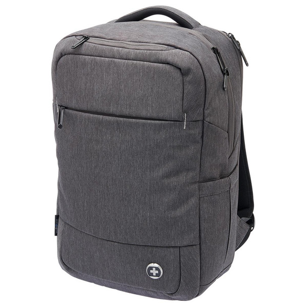 A grey backpack with multiple compartments and a logo, designed for carrying laptops.