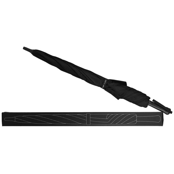 A black umbrella with a sleek design, accompanied by a matching black protective sleeve. Features a logo.