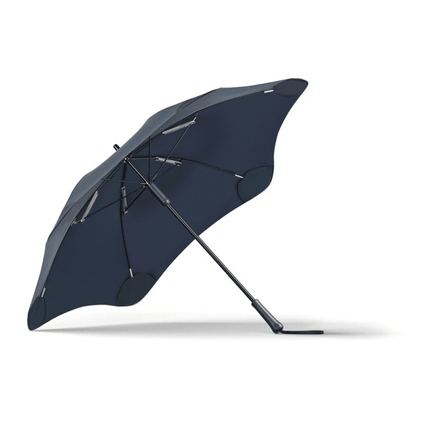 A navy blue BLUNT Classic Umbrella with a unique canopy shape, featuring a sturdy black frame and a logo.