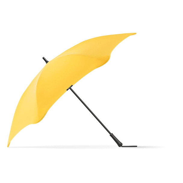 A yellow umbrella with a black handle and pole, featuring a sleek design and a branding logo.