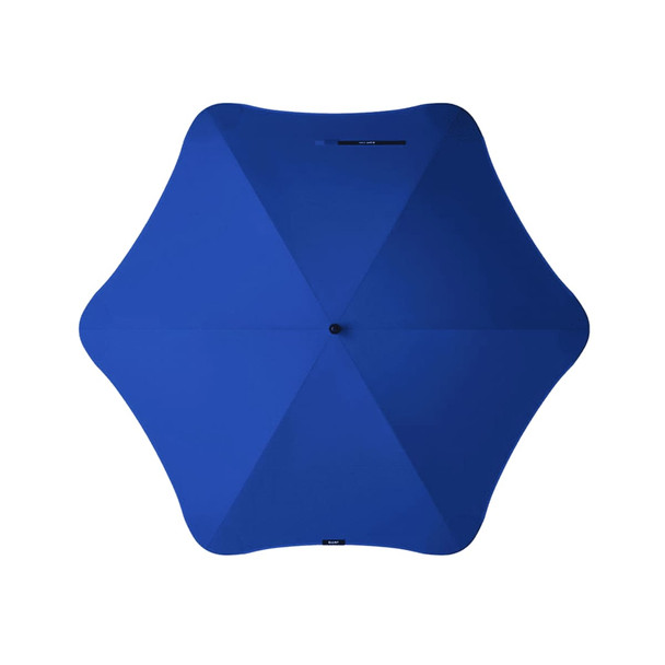 A blue umbrella with a rounded shape and a central point, featuring a branding logo.