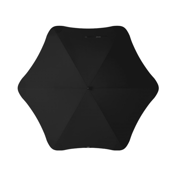 A black sport umbrella with a unique octagonal design and a central closure mechanism. It features a logo.
