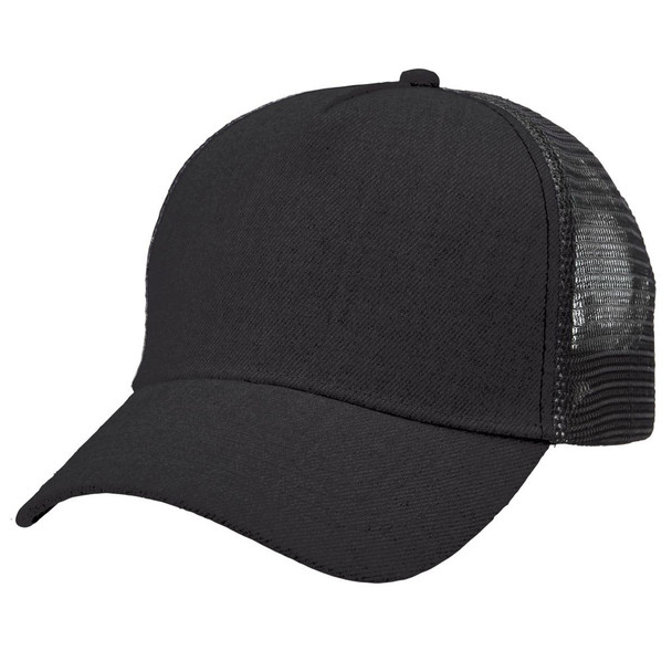 A black heathered mesh trucker cap featuring a solid front and mesh sides, with a logo on the front.