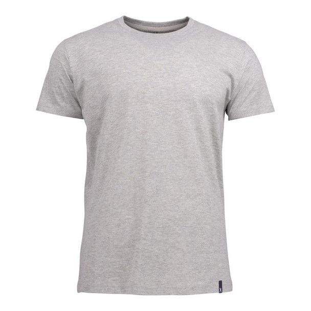 A grey crew neck T-shirt with short sleeves, featuring a small logo on the hem.