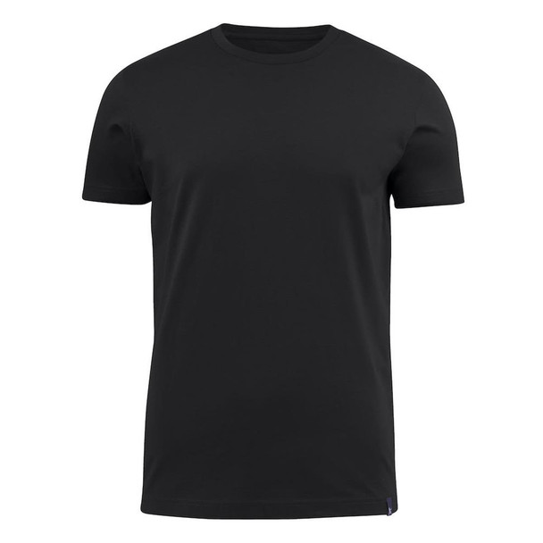 A black crew neck t-shirt with short sleeves and a small logo on the side.