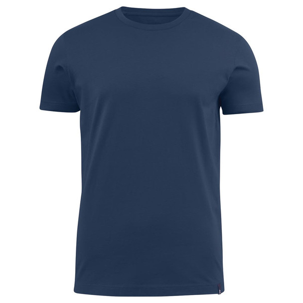 A navy blue crew neck t-shirt with short sleeves and a subtle logo.