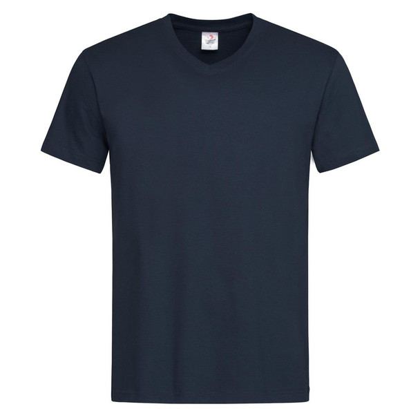 A navy blue men's classic V-neck T-shirt with short sleeves. The shirt features a label and has a simple design.