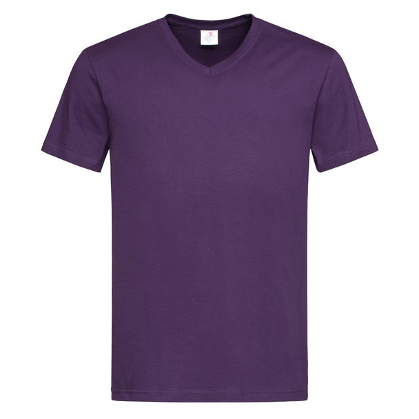 A purple men's classic V-neck T-shirt, featuring short sleeves and a simple design. It has a logo at the neck.
