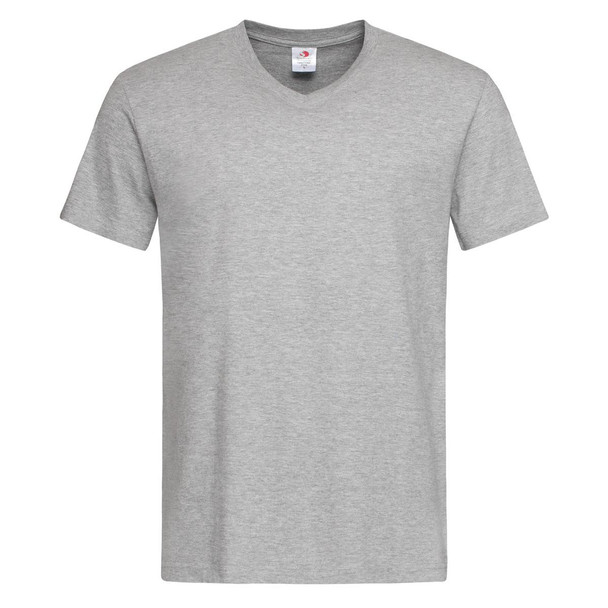 A grey men's classic V-neck T-shirt featuring short sleeves and a simple design. It has a logo on the tag.