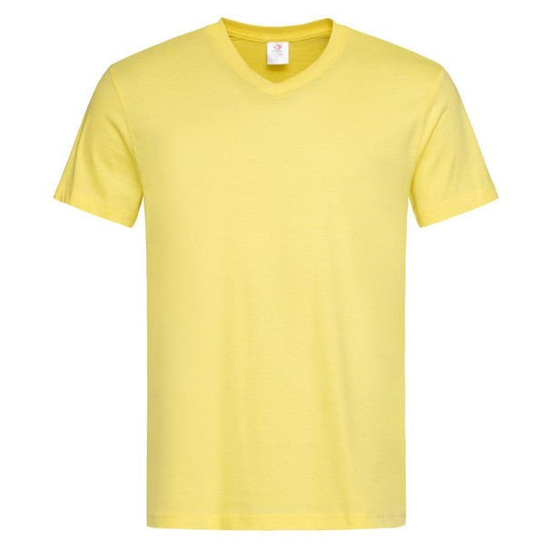 A yellow men's classic T-shirt with a V-neck and short sleeves, featuring a logo on the label.